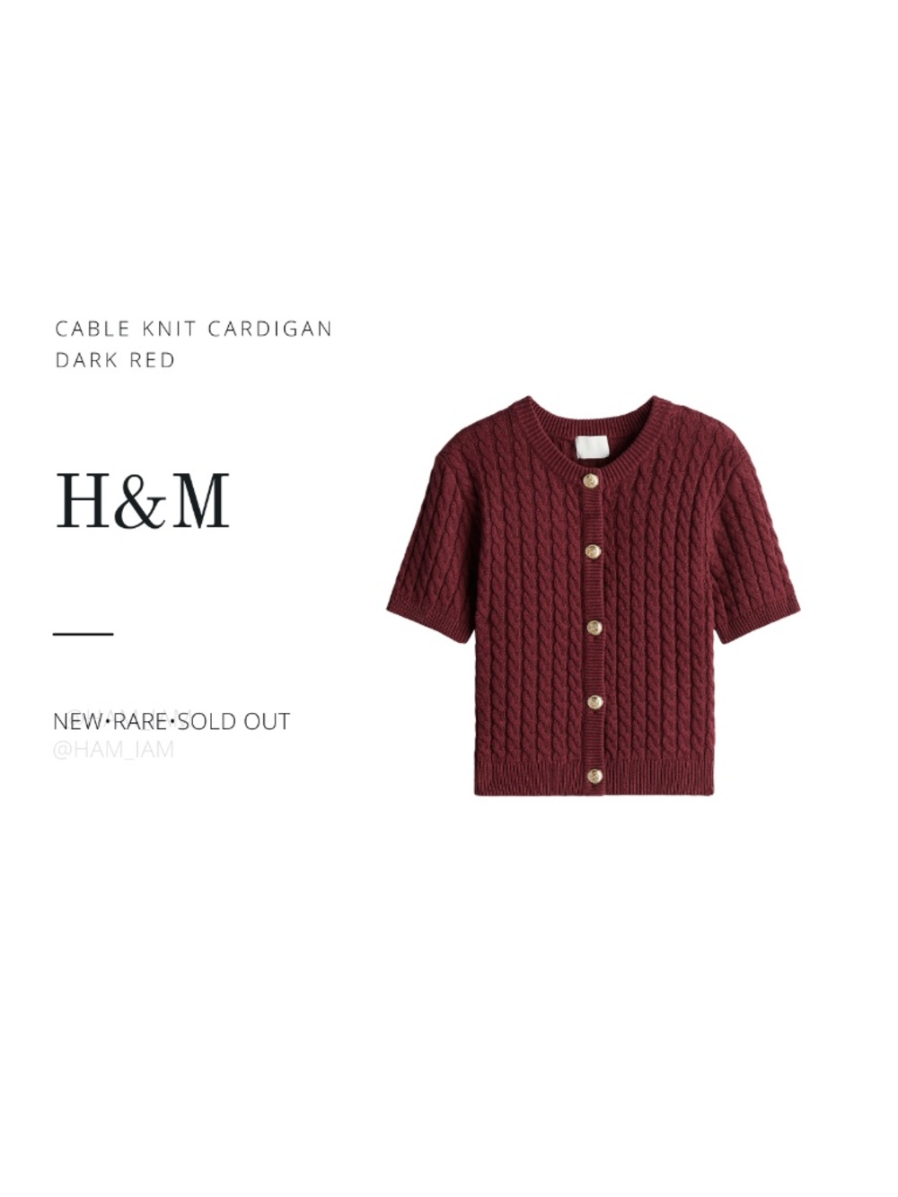 NEW SOLD OUT H&M Cable Knit Cardigan - Dark Red Short Sleeve & Gold Buttons
